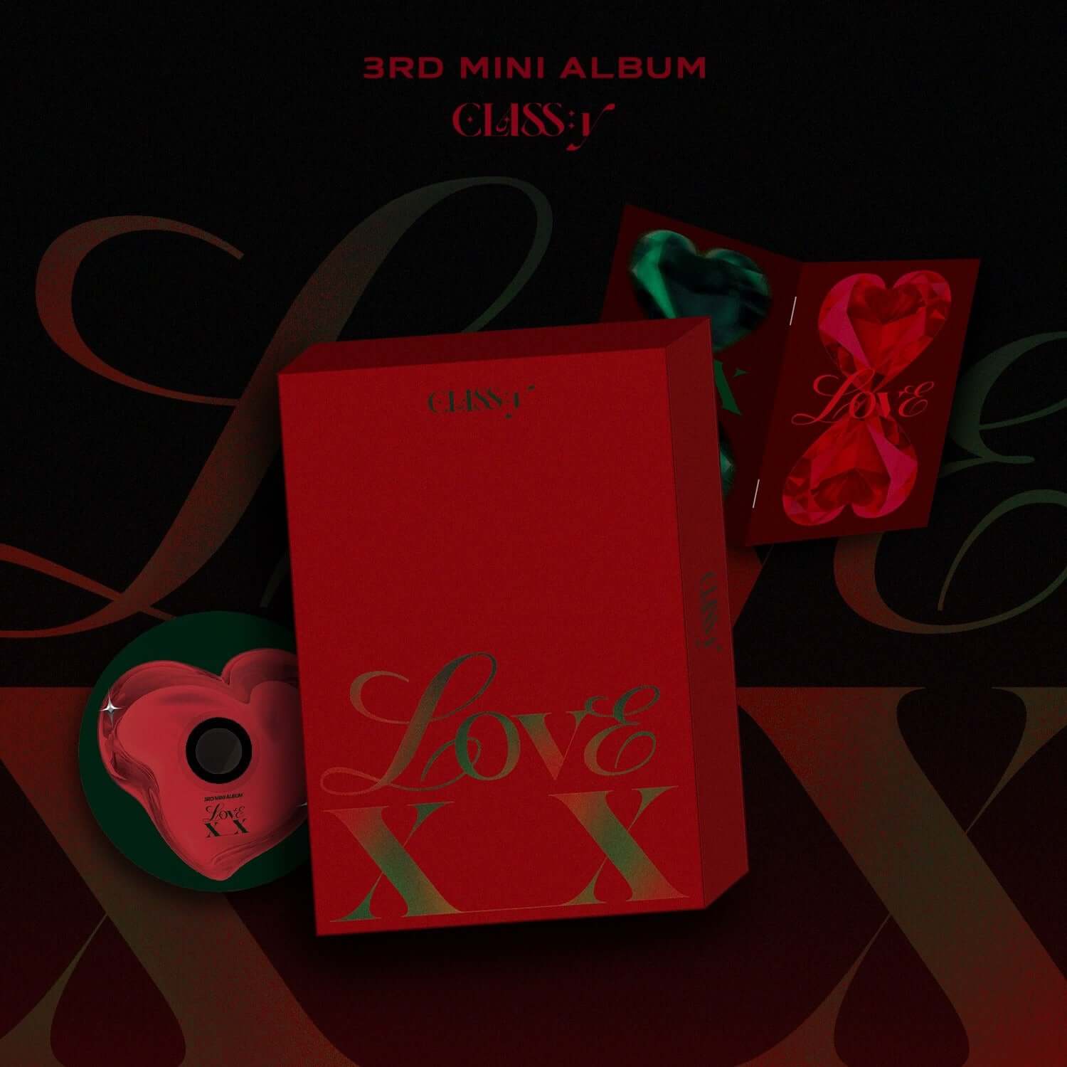 CLASS:Y - [LOVE XX] - Album Kpop CLASS:Y sur fond sombre, sac rouge Love et visuels graphiques, ambiance pop romantique.