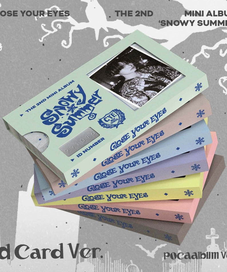 CLOSE YOUR EYES - The 2nd Mini Album [Snowy Summer] ID Card Ver. (POCAALBUM) : cartes ID Kpop sur fond neigeux abstrait