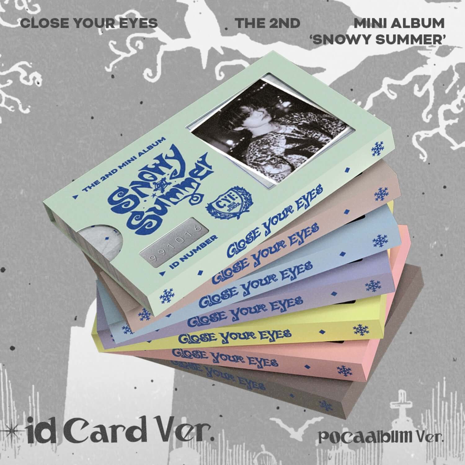 CLOSE YOUR EYES - The 2nd Mini Album [Snowy Summer] ID Card Ver. (POCAALBUM) : cartes ID Kpop sur fond neigeux abstrait