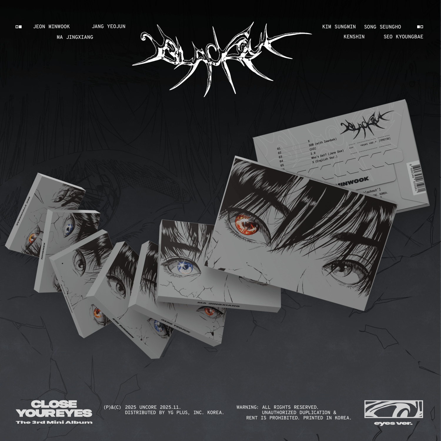 CLOSE YOUR EYES - The 3rd Mini Album [blackout] (eyes ver.) - Album Kpop, visuel noir avec pochettes yeux, marque CLOSE YOUR EYES.
