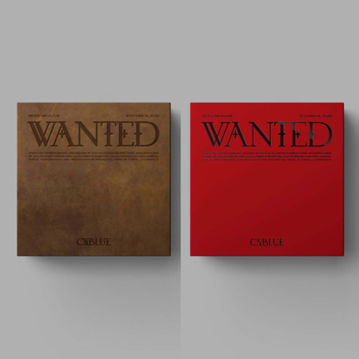 CNBLUE - 9TH [WANTED] (SET) - Album Kpop, coffret collectionneur avec versions Wanted marron et rouge, sur fond gris.