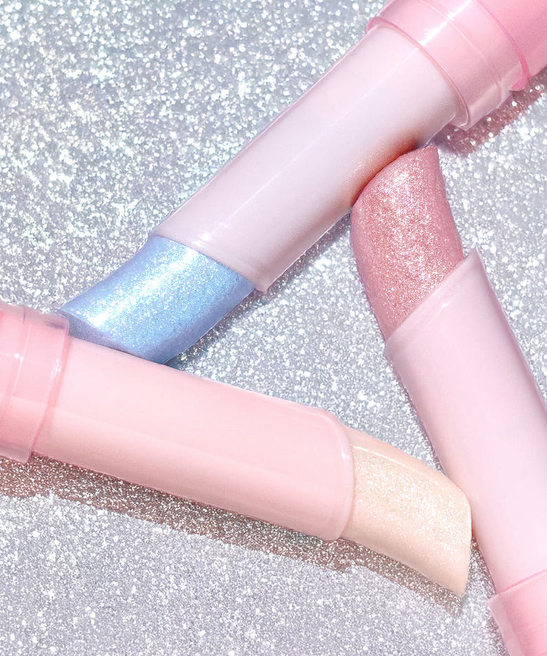 COLORGRAM Soft Jelly Stick 3g, tube maquillage pastel sur fond scintillant, textures jelly rose/bleu et étui visuel