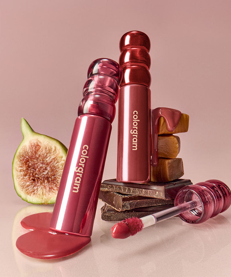 COLORGRAM Tanghulu Tangle Tint Deep Glaze 3.5g, rouges à lèvres brillants sur fond rose, marque COLORGRAM et fruit tange