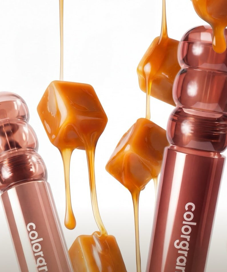 COLORGRAM Tanghulu Tangle Tint Deep Glaze 3.5g, la marque dans des gouttes caramel brillantes sur fond blanc