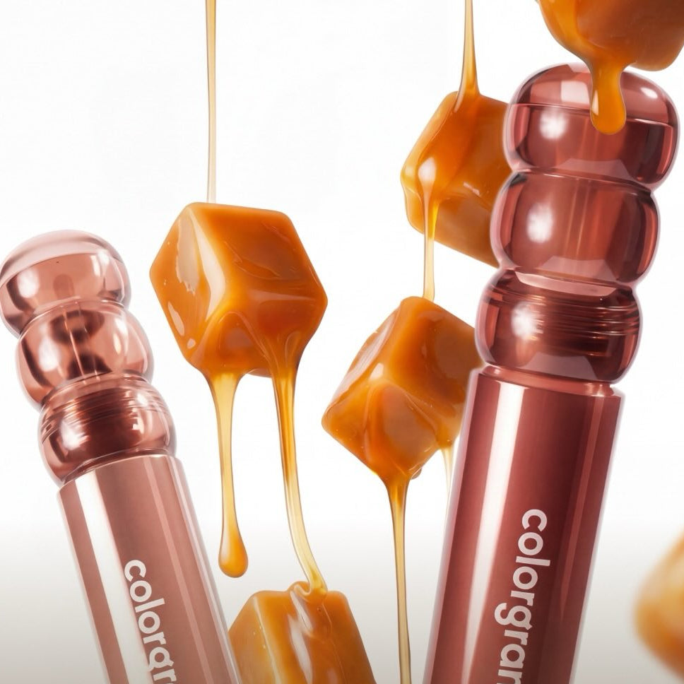 COLORGRAM Tanghulu Tangle Tint Deep Glaze 3.5g, la marque dans des gouttes caramel brillantes sur fond blanc