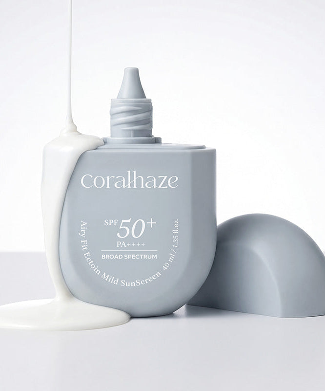 CORALHAZE Airy Fit Ection Mild Sunscreen 40ml, tube avec crème et fond blanc minimaliste.