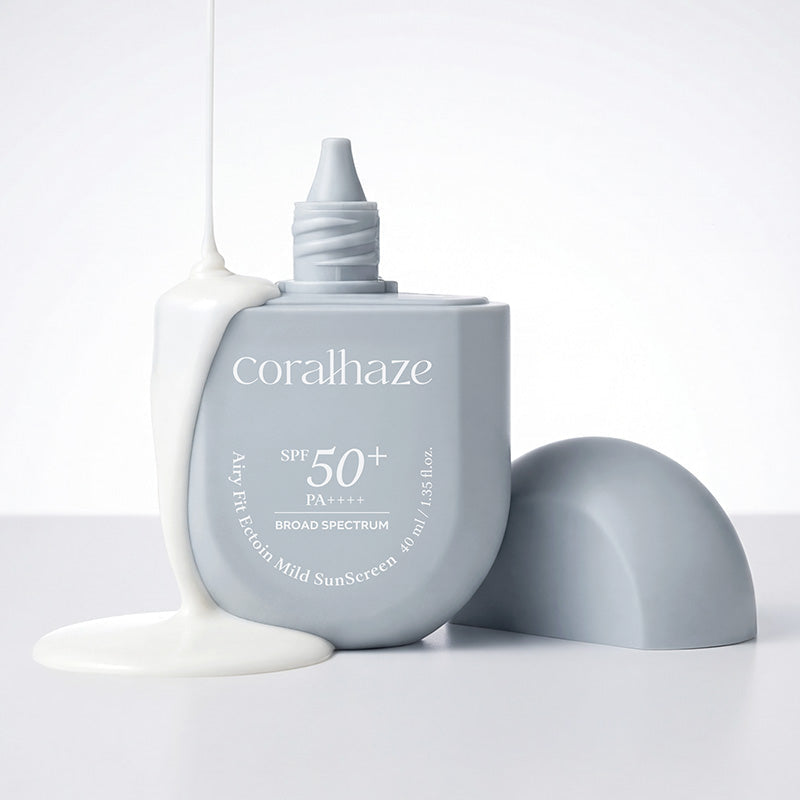 CORALHAZE Airy Fit Ection Mild Sunscreen 40ml, tube avec crème et fond blanc minimaliste.