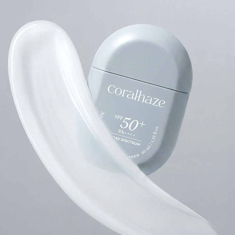 CORALHAZE Airy Fit Ection Mild Sunscreen 40ml, tube crème SPF50+ dans un visuel sur fond gris, marque Corahaze.
