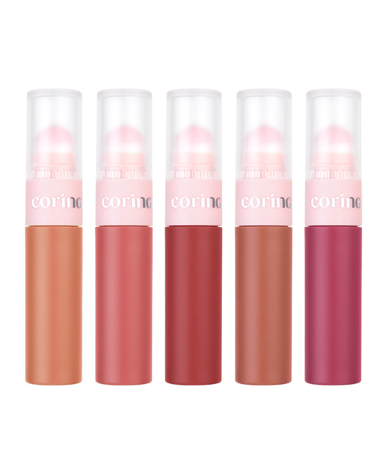 CORINGCO Topping Tip Velvet Lip Tint de CORINGCO, photo produit sur fond blanc, tubes roses et rouges