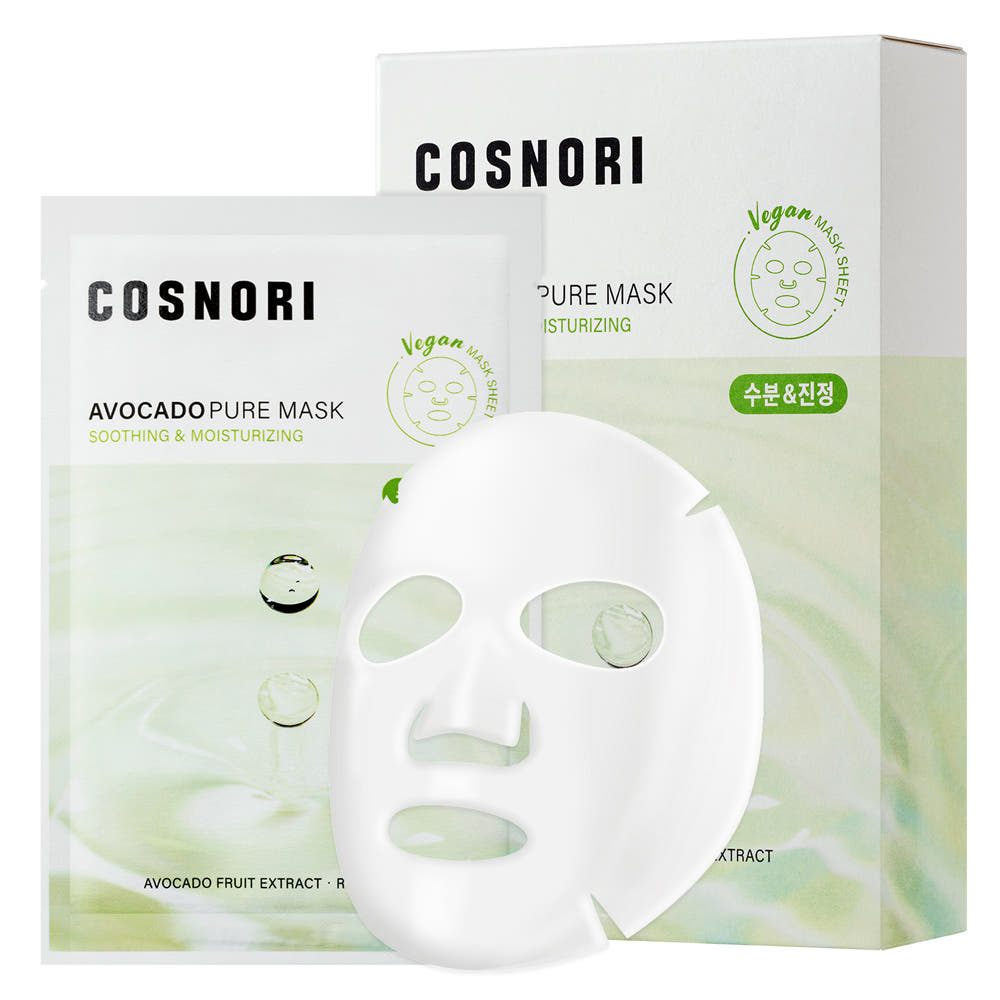 COSNORI Avocado Pure Vegan Mask 10 Sheets : masque visage en feuille vegan, boîte et sachets, photo produit sur fond clair.