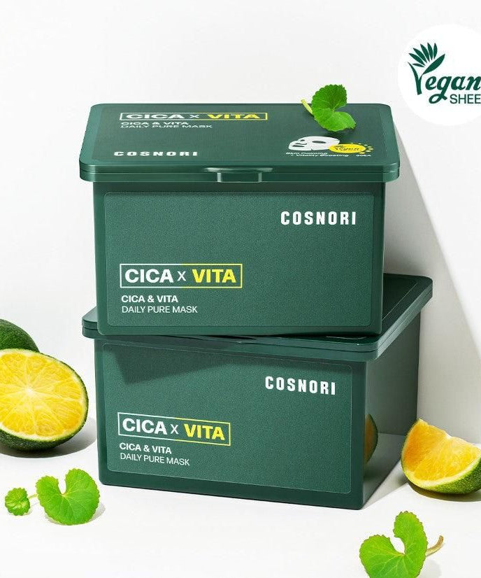 Boîtes COSNORI Cica & Vita Daily Pure Mask 35ml avec citrons verts et pétales, certification Vegan visible.