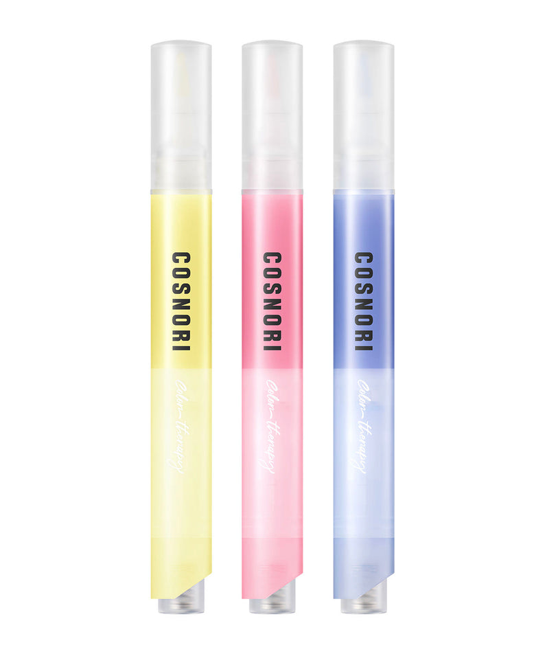 COSNORI Color Therapy Nail Serum 4ml, trois stylos goutte à goutte, couleurs jaune rose bleu, sur fond blanc