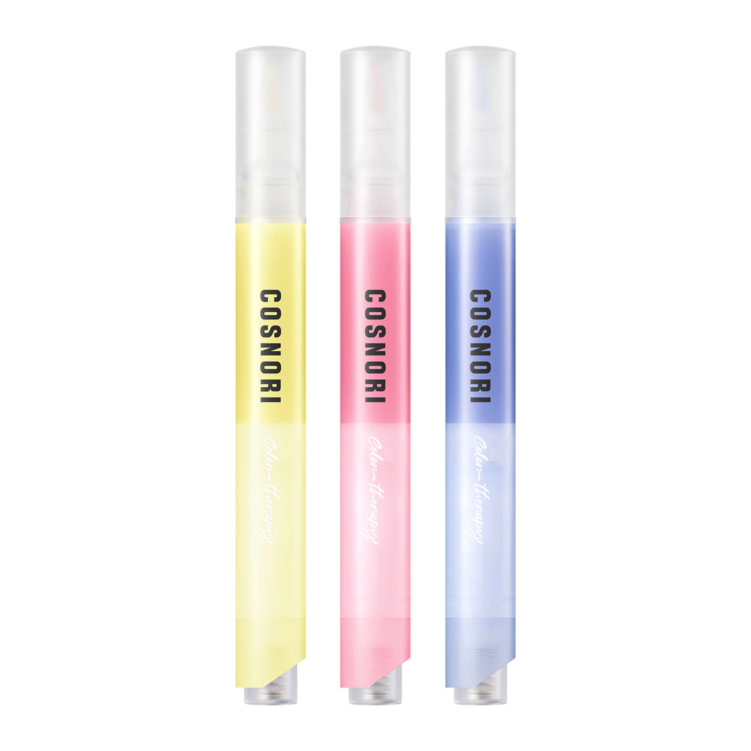 COSNORI Color Therapy Nail Serum 4ml, trois stylos goutte à goutte, couleurs jaune rose bleu, sur fond blanc