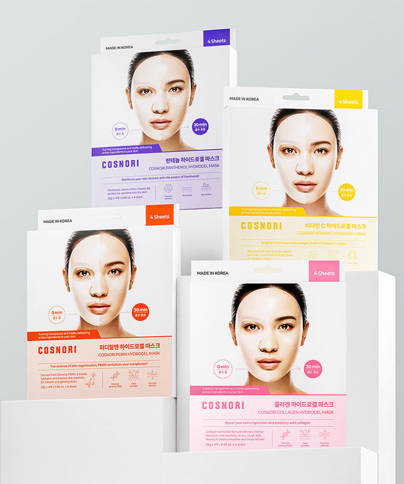 COSNORI Hydrogel Mask 4 sheets, marque COSNORI, masques hydrogel sur fond clair, produits emballés montrés