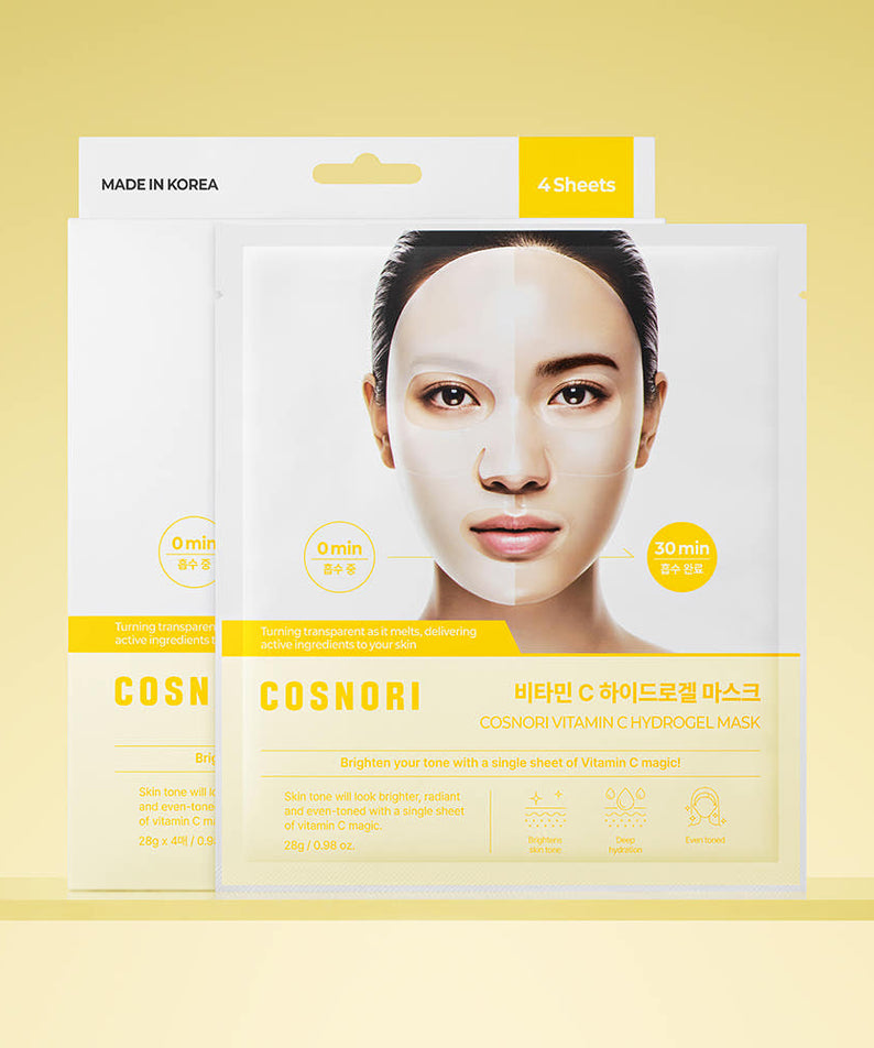 COSNORI Hydrogel Mask 4 sheets de COSNORI, pack de 4 masques hydrogel sur fond clair, visuel visage féminin