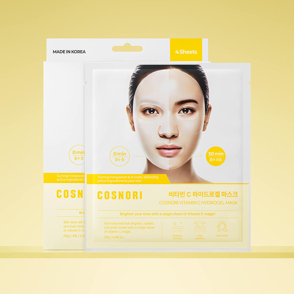 COSNORI Hydrogel Mask 4 sheets de COSNORI, pack de 4 masques hydrogel sur fond clair, visuel visage féminin