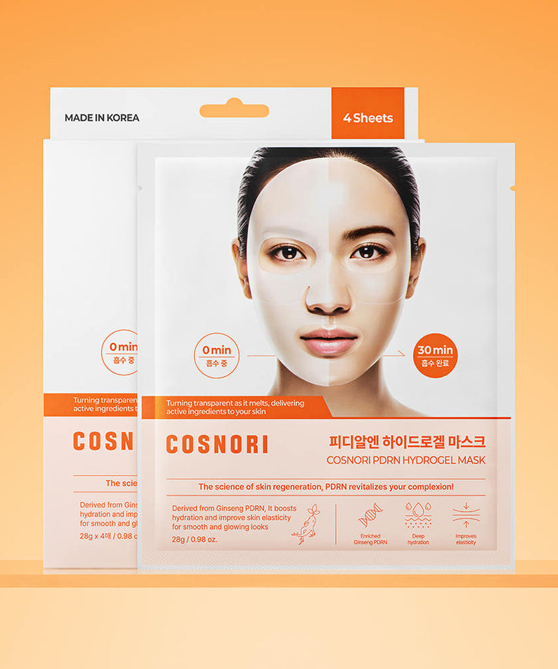 COSNORI Hydrogel Mask 4 sheets de la marque COSNORI : masques hydrogel sur fond orange, visage au centre