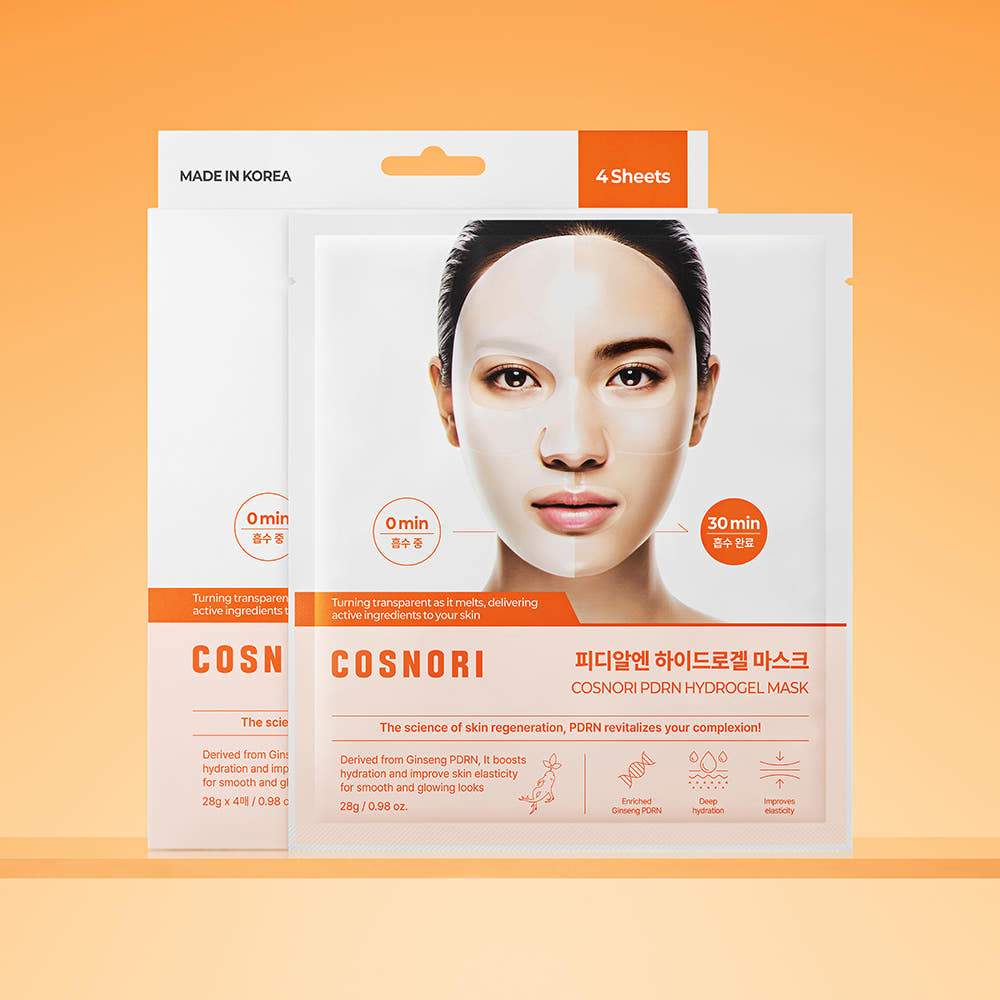 COSNORI Hydrogel Mask 4 sheets de la marque COSNORI : masques hydrogel sur fond orange, visage au centre