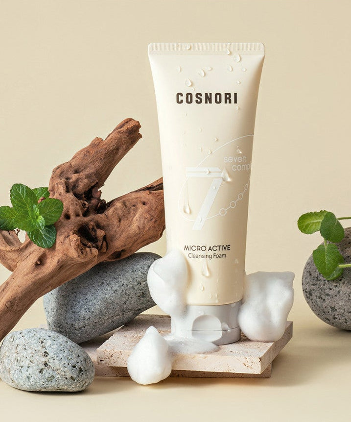 COSNORI Micro Active Cleansing Foam 150ml 2ea, mousse nettoyante sur fond minéral avec plantes et galets, photo produit