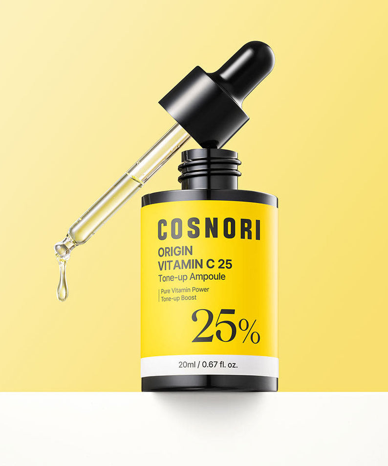 COSNORI Origin Vitamin C 25 Tone-Up Ampoule 20ml sur fond jaune, sérum goutte à goutte, marque COSNORI en flacon