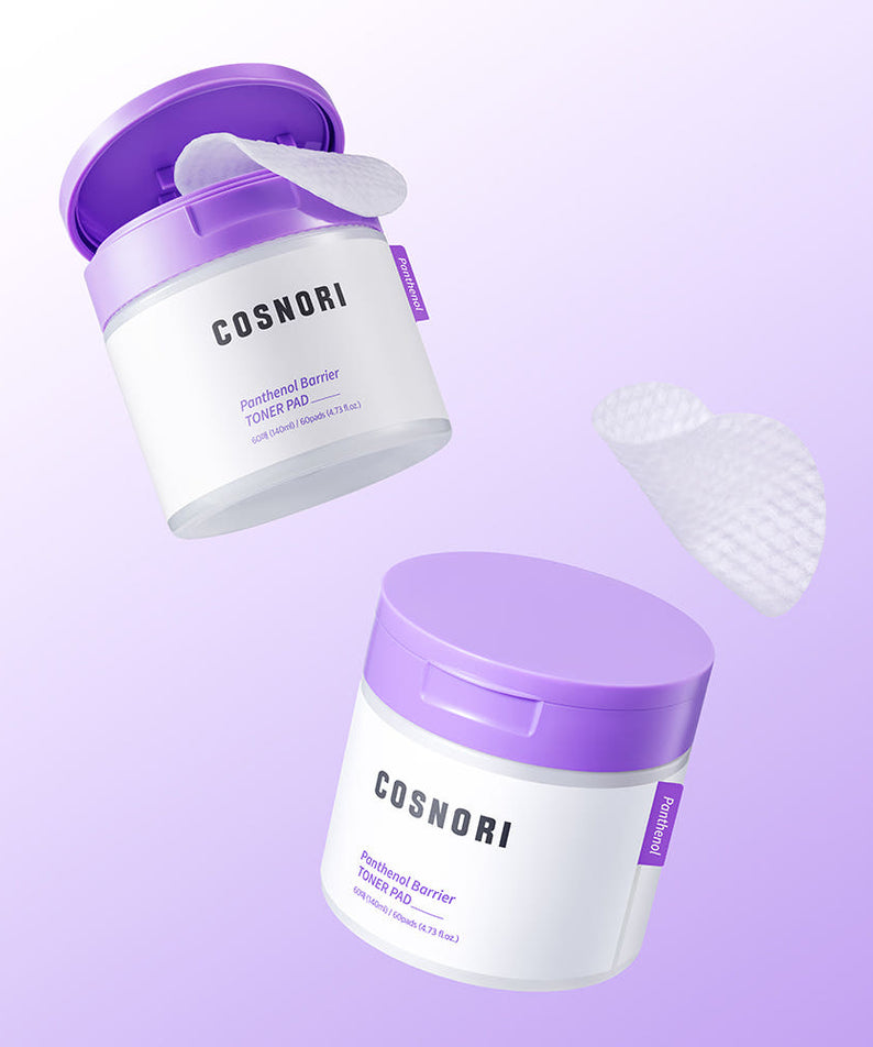 COSNORI Panthenol Barrier Toner Pads 60 Sheets, marque COSNORI, disques en coton ouverts sur fond violet