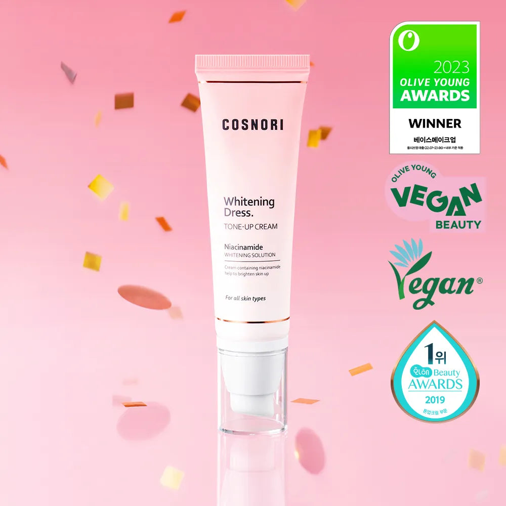 COSNORI Whitening Dress Tone-Up Cream 50ml, tube sur fond rose confetti, mise en avant marque COSNORI, beauté vegan