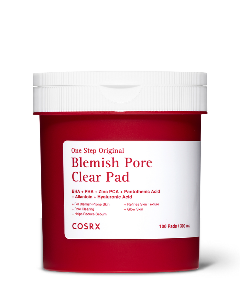 COSRX One Step Original Blemish Pore Clear Pads 100 Sheets, boîte rouge et blanche sur fond noir (produit cosmétique)