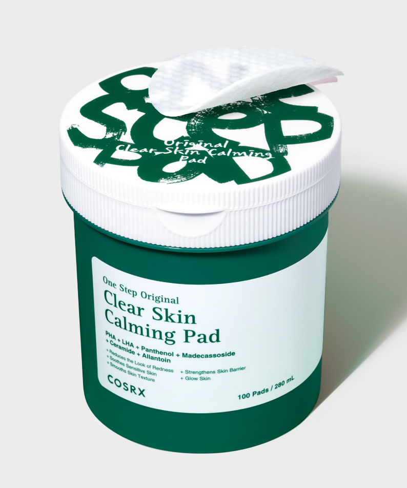 COSRX One-Step Original Clear Skin Calming Pads (100 sheets), pack vert blanc sur fond clair, tampons apaisants