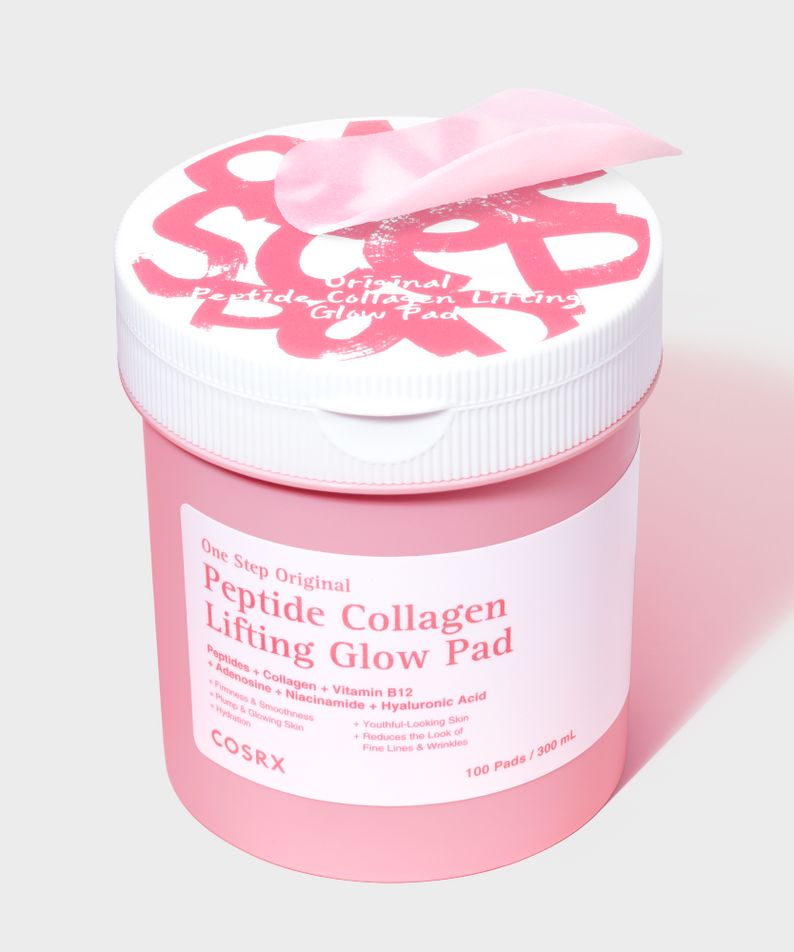 COSRX One Step Original Peptide Collagen Lifting Glow Pads (100 sheets) de la marque COSRX, pot rose sur fond clair.