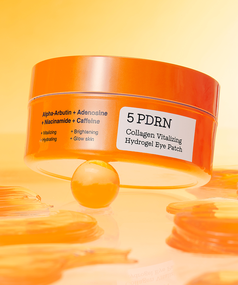 COSRX PDRN Collagen Vitalizing Hydrogel Eye Patches 60 patchs de la marque COSRX, pot orange sur fond jaune.