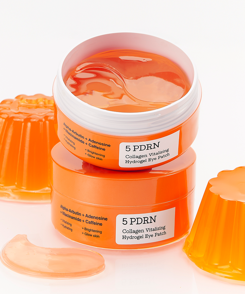 COSRX PDRN Collagen Vitalizing Hydrogel Eye Patches 60 patchs, bocaux orange, patches gel sur fond blanc (visuel produit)