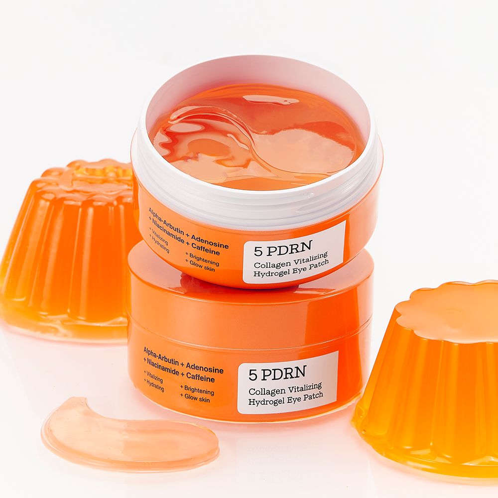 COSRX PDRN Collagen Vitalizing Hydrogel Eye Patches 60 patchs, bocaux orange, patches gel sur fond blanc (visuel produit)