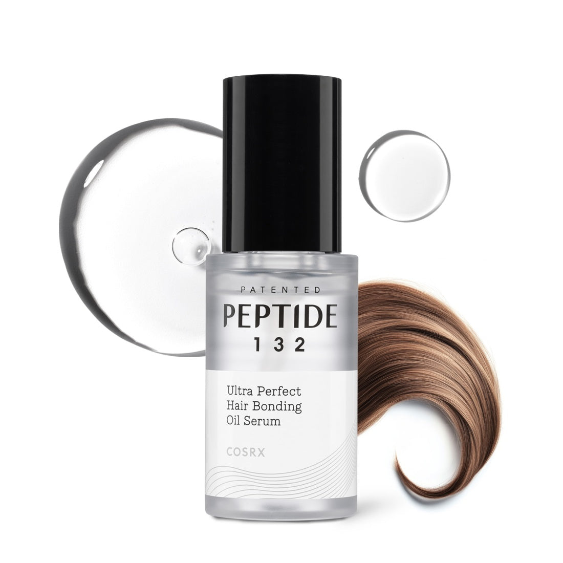COSRX Peptide-132 Ultra Perfect Hair Bonding Oil Serum, flacon et huile sur fond blanc, gouttes, mèches brunes, contexte beauté.