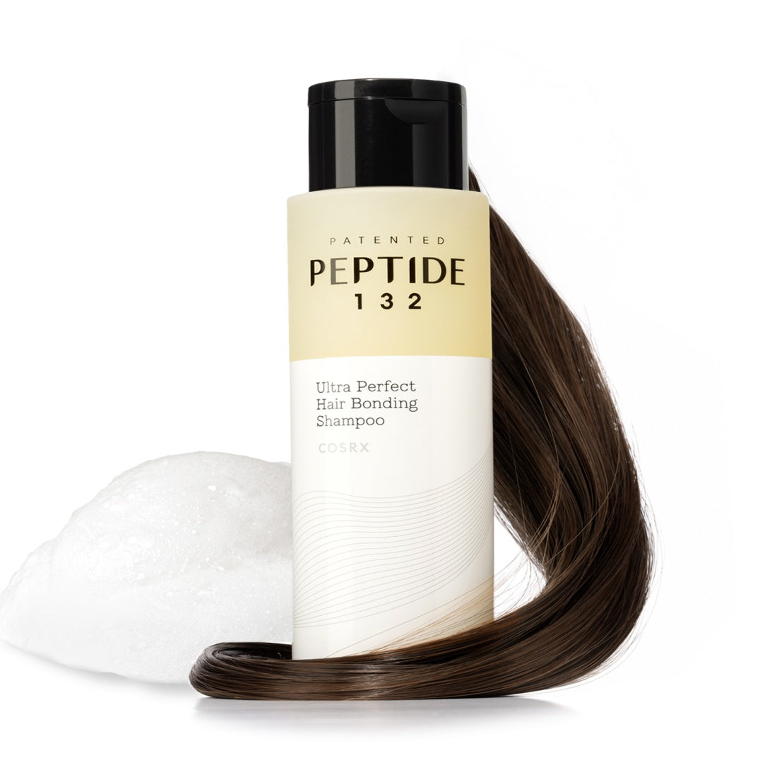 COSRX Peptide-132 Ultra Perfect Hair Bonding Shampoo 200ml : flacon noir sur fond blanc avec mousse et mèches de cheveux, marque COSRX.