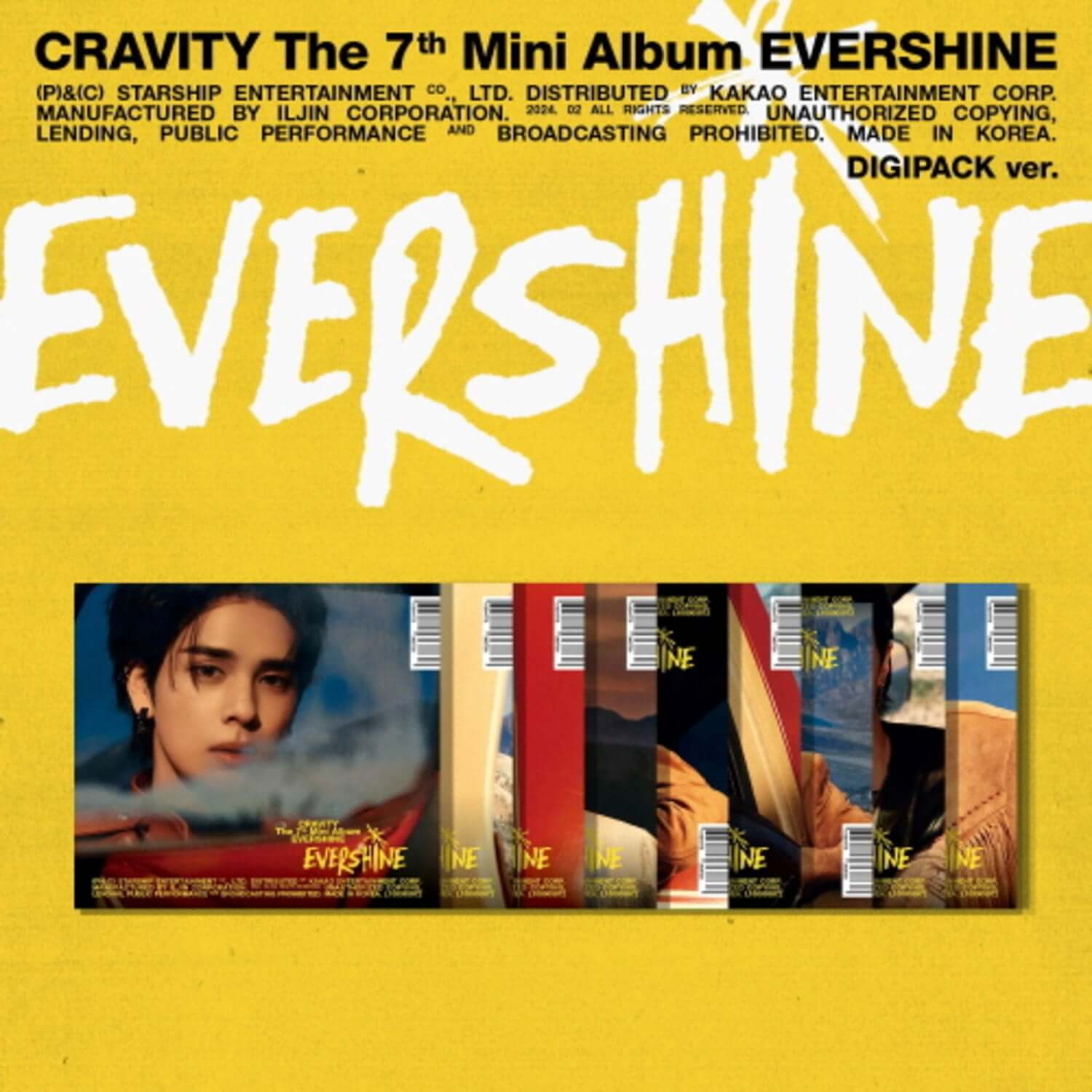 CRAVITY - 7th Album [EVERSHINE] (DIGIPACK ver.) (Set of 9) - Album Kpop, visuel pack doré et pochettes.