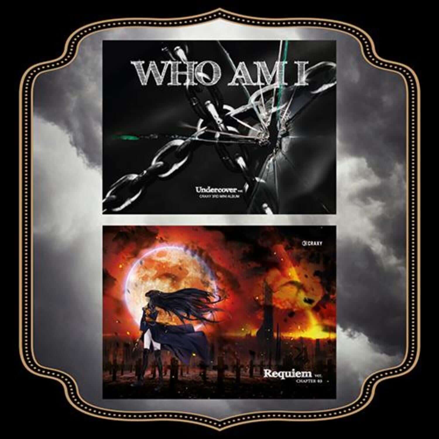 CRAXY - WHO AM I (Random 1 of 2) - Album Kpop : visuel double face noir & feu, collage dramatique du coffret CRAXY.