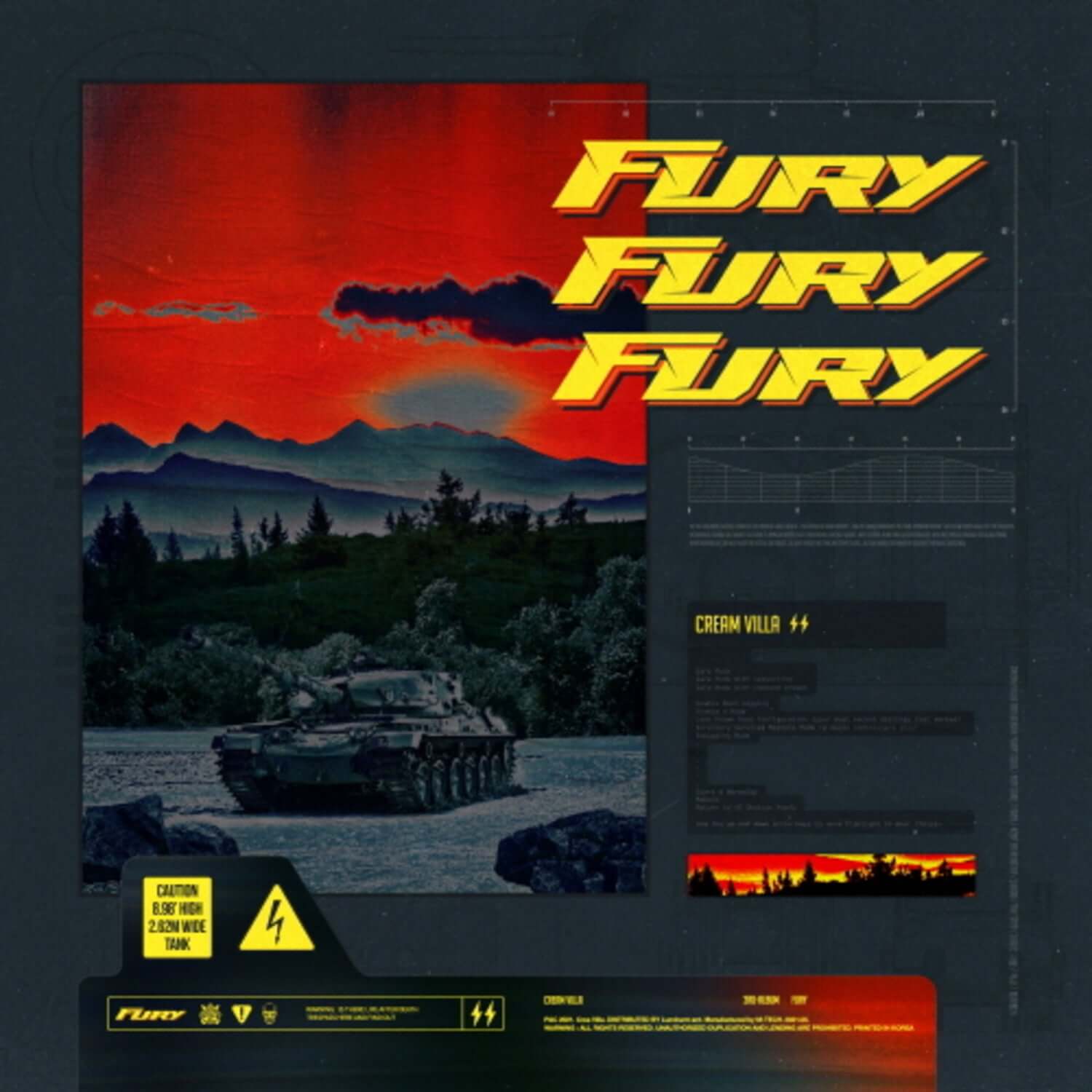 CREAM VILLA - 3rd Album [FURY] - Album Kpop, jaquette rouge avec scène nocturne et marque CREAM VILLA, visuel promo