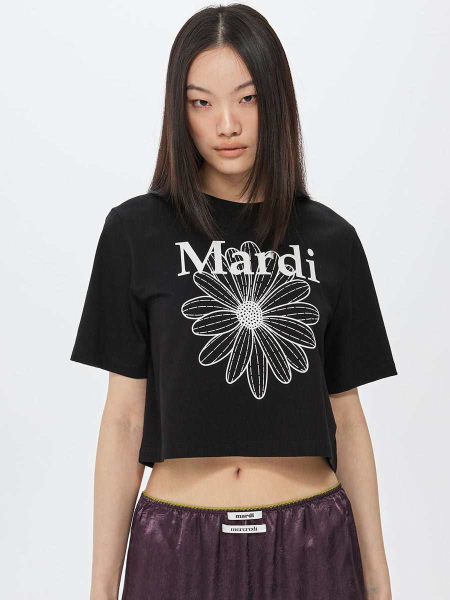 CROPPED BASIC TSHIRT FLOWERMARDI_BLACK WHITE