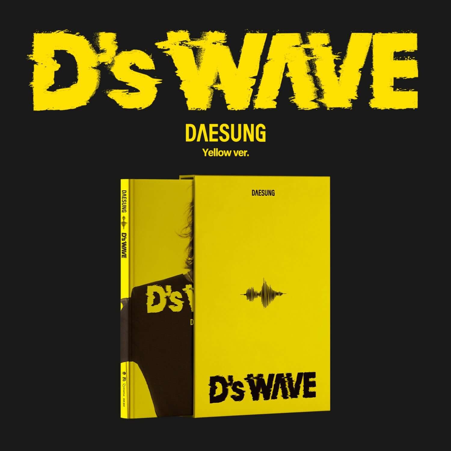 DAESUNG - 1st Mini Album [D’s WAVE] (Yellow Version) - Album Kpop : visuel jaune avec pochette et CD, fond noir, énergie
