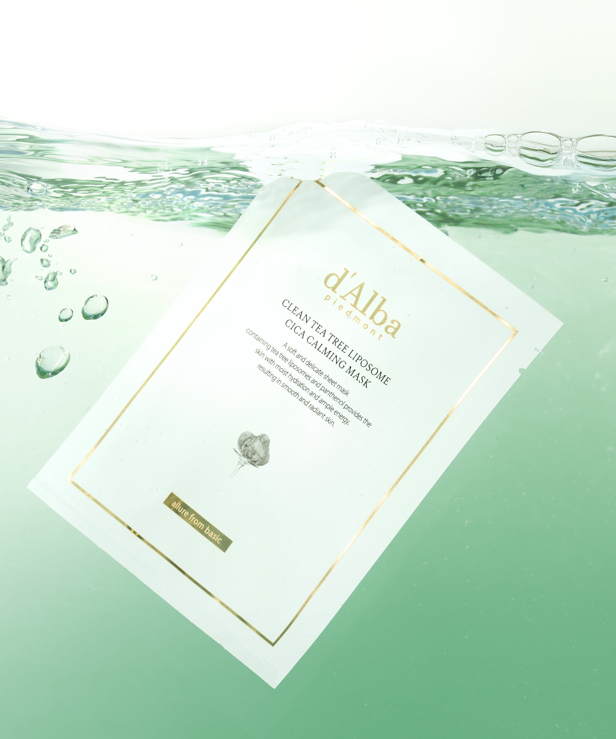 D'ALBA Clean Tea Tree Lipsome Cica Calming Mask (5 Sheets) D’Alba, sous l’eau, masque visage hydratant apaisant, gouttelettes