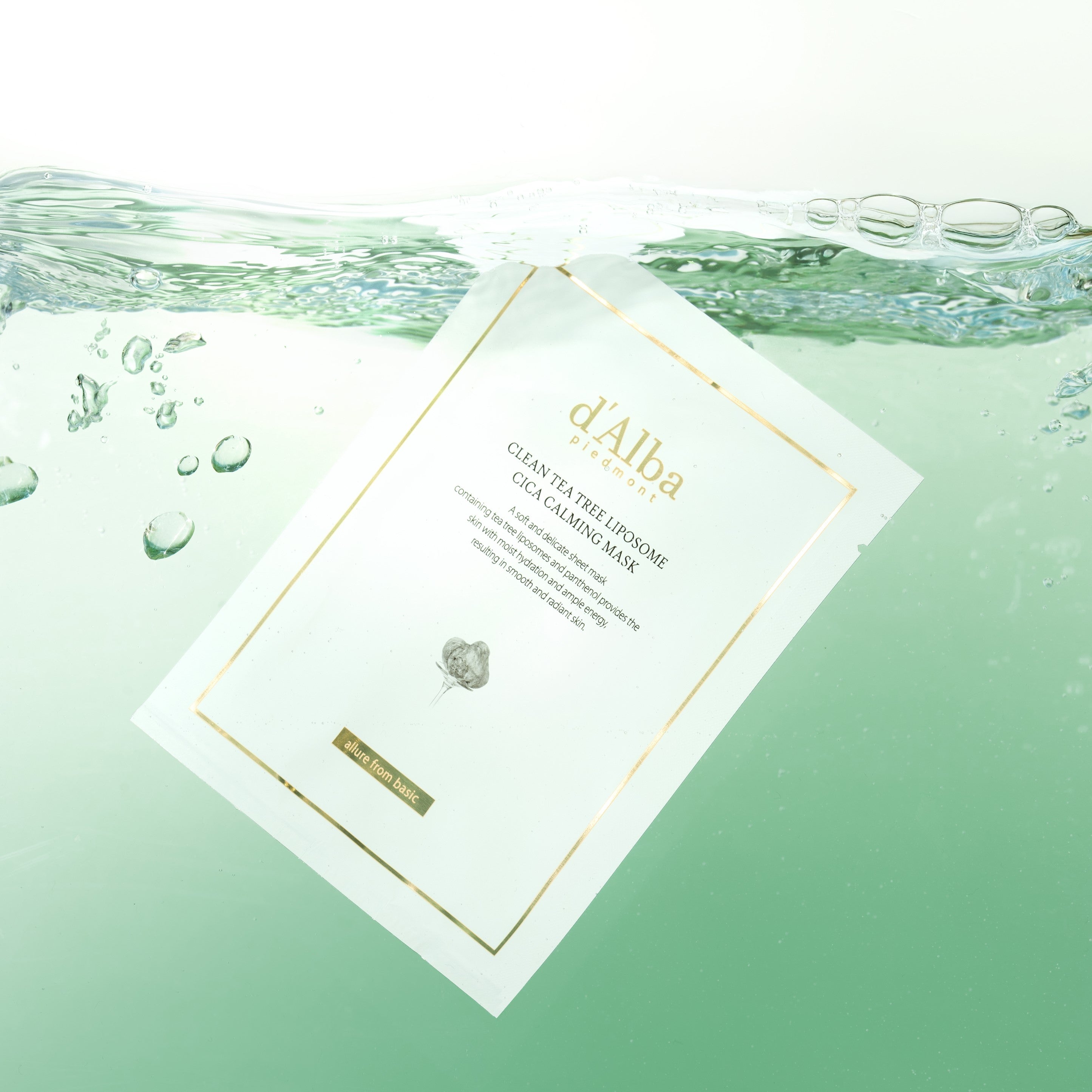 D'ALBA Clean Tea Tree Lipsome Cica Calming Mask (5 Sheets) D’Alba, sous l’eau, masque visage hydratant apaisant, gouttelettes