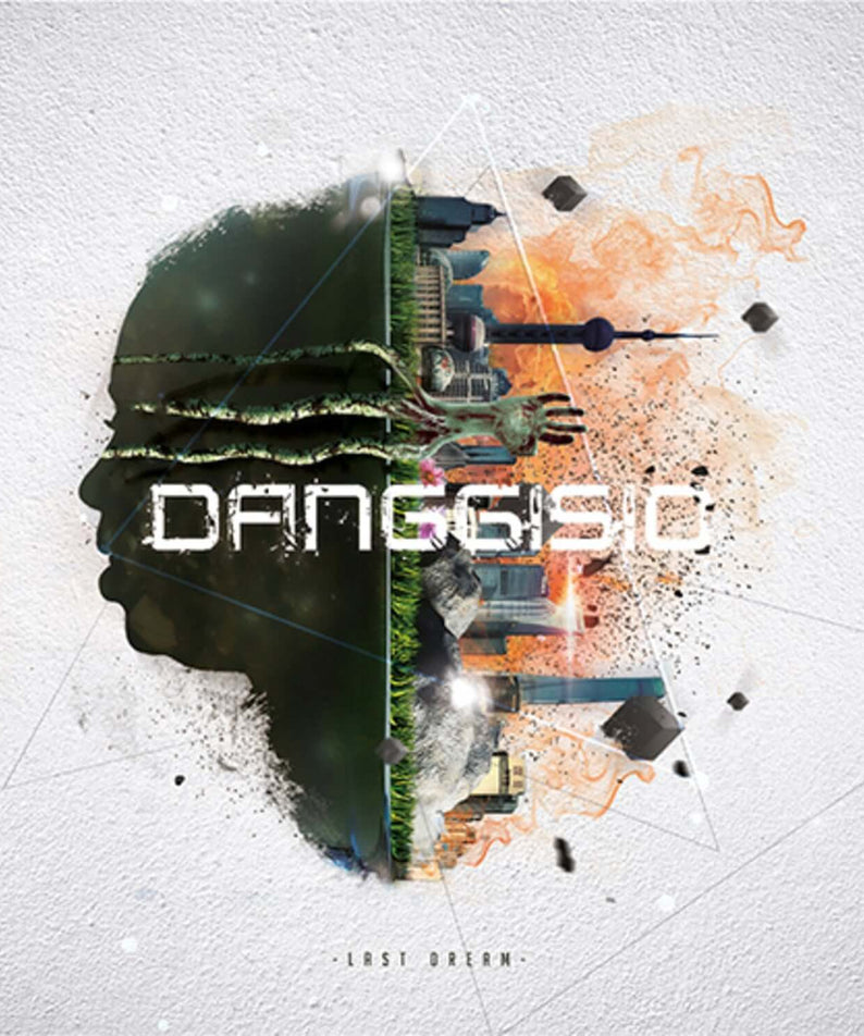 DANGGISIO - [LAST DREAM] - Album Kpop : visuel DANGGISIO tête holographique, explosions et textures sur fond clair.
