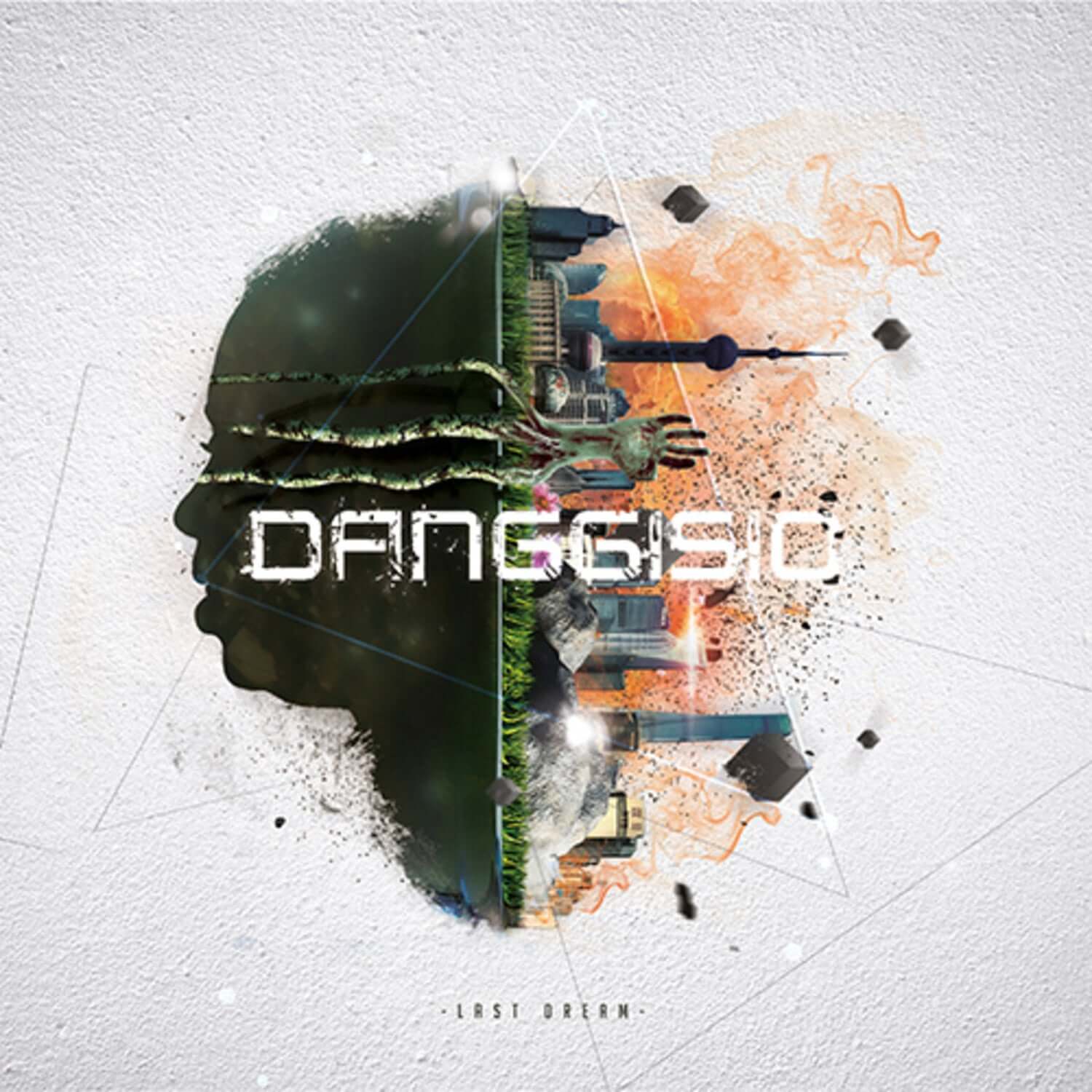 DANGGISIO - [LAST DREAM] - Album Kpop : visuel DANGGISIO tête holographique, explosions et textures sur fond clair.