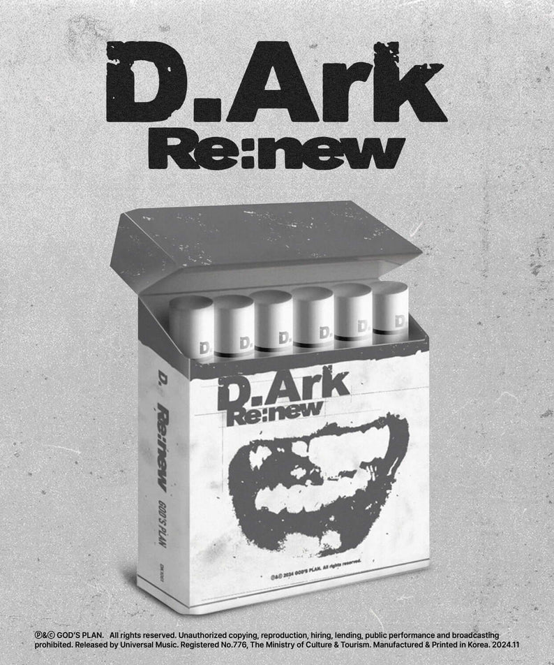 D.ARK - [Re:new] - Album Kpop : packaging noir et blanc sur fond gris, visuel du coffret D.ARK, ambiance urbaine.