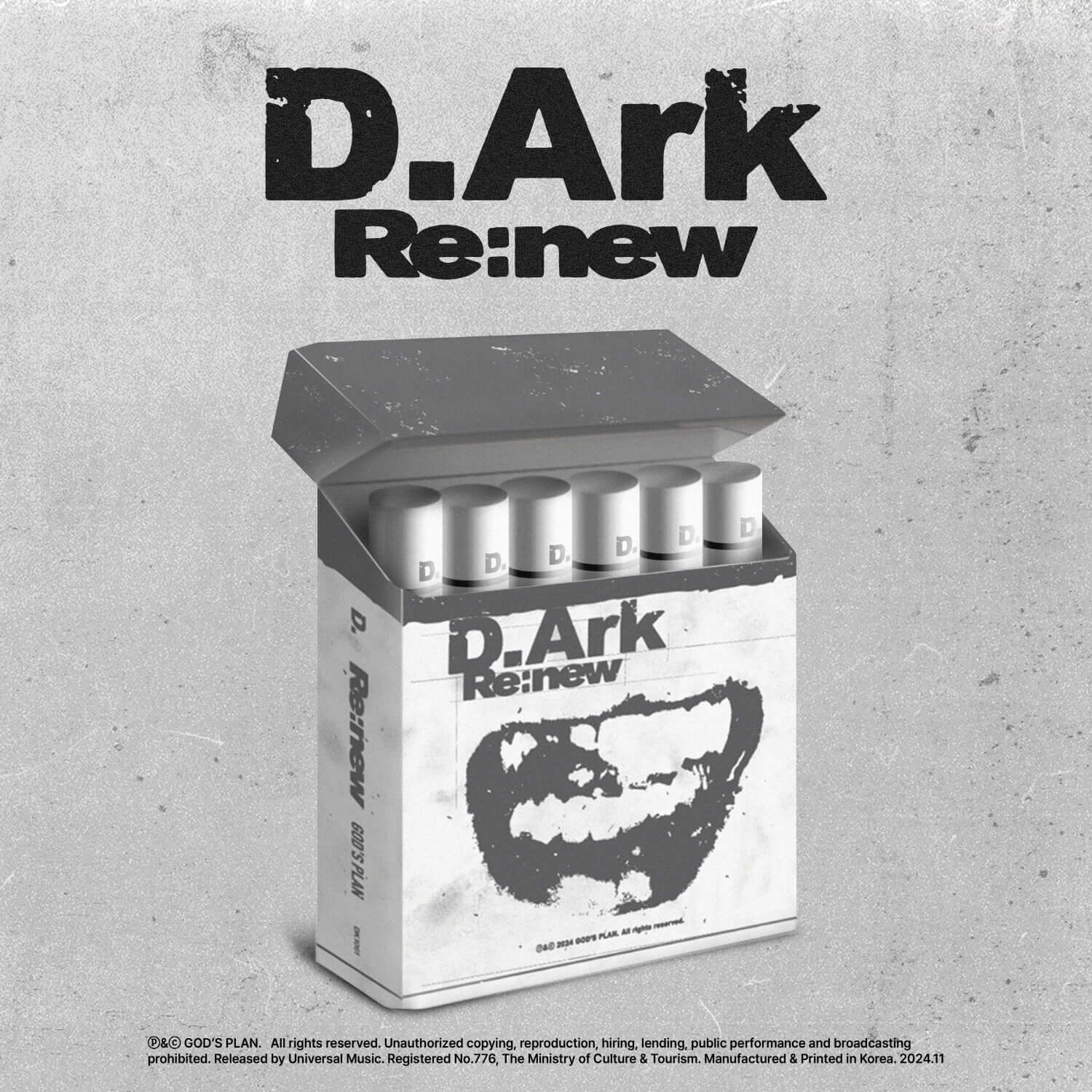 D.ARK - [Re:new] - Album Kpop : packaging noir et blanc sur fond gris, visuel du coffret D.ARK, ambiance urbaine.
