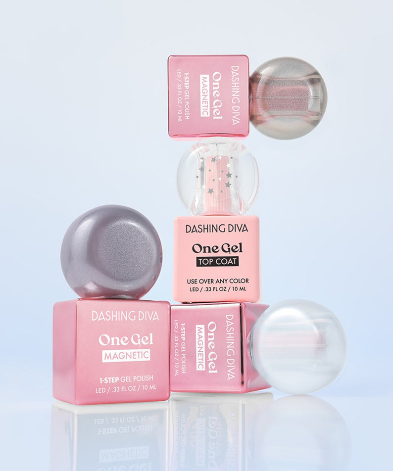 DASHING DIVA One Gel Icy Magnetic, produits magnétiques en gel sur fond clair, présentation photo produit.