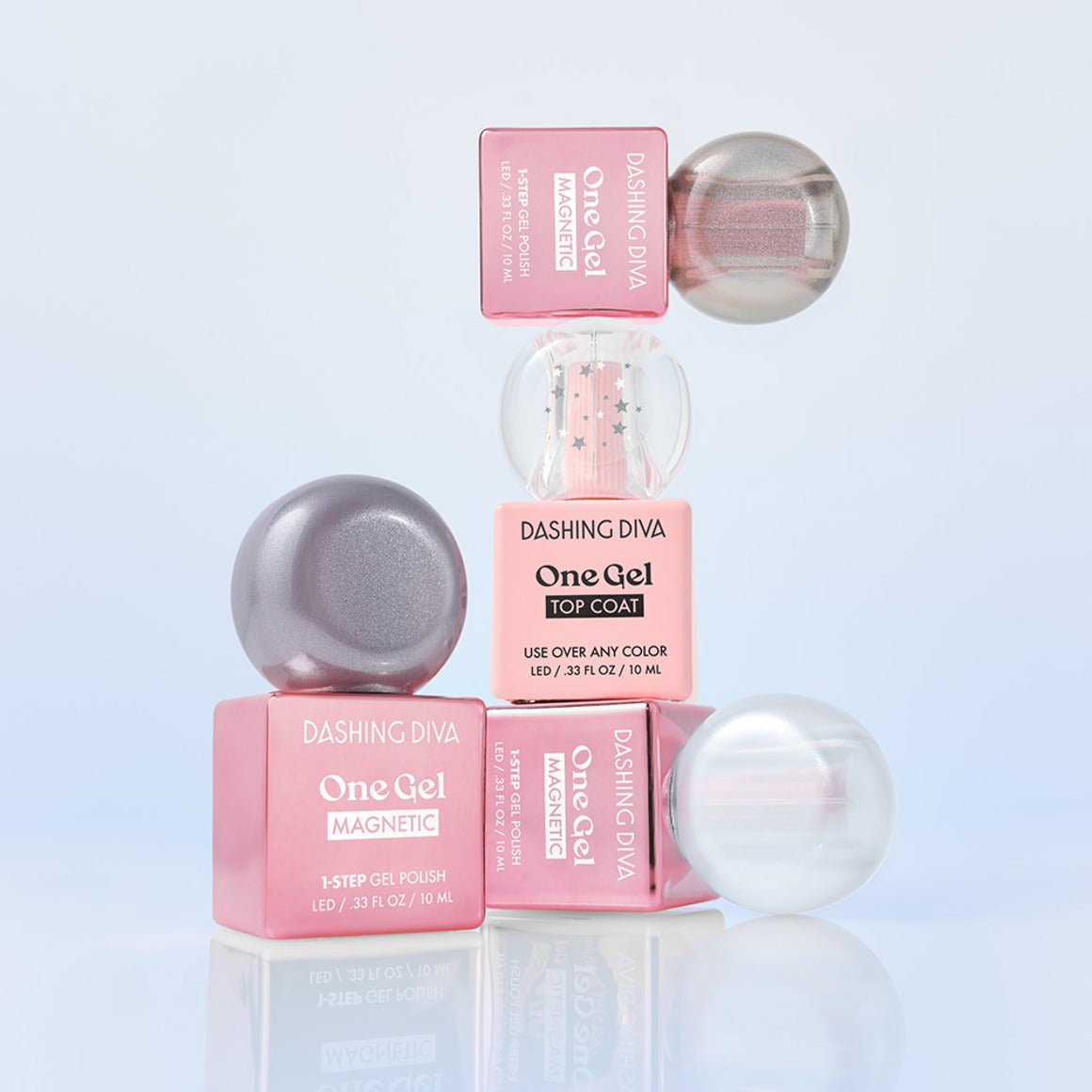 DASHING DIVA One Gel Icy Magnetic, produits magnétiques en gel sur fond clair, présentation photo produit.