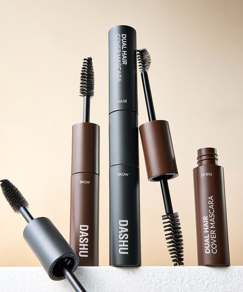 DASHU Daily Dual Hair Cover Mascara de la marque DASHU, vue sur tubes et brosses maquillage pour sourcils et cheveux.