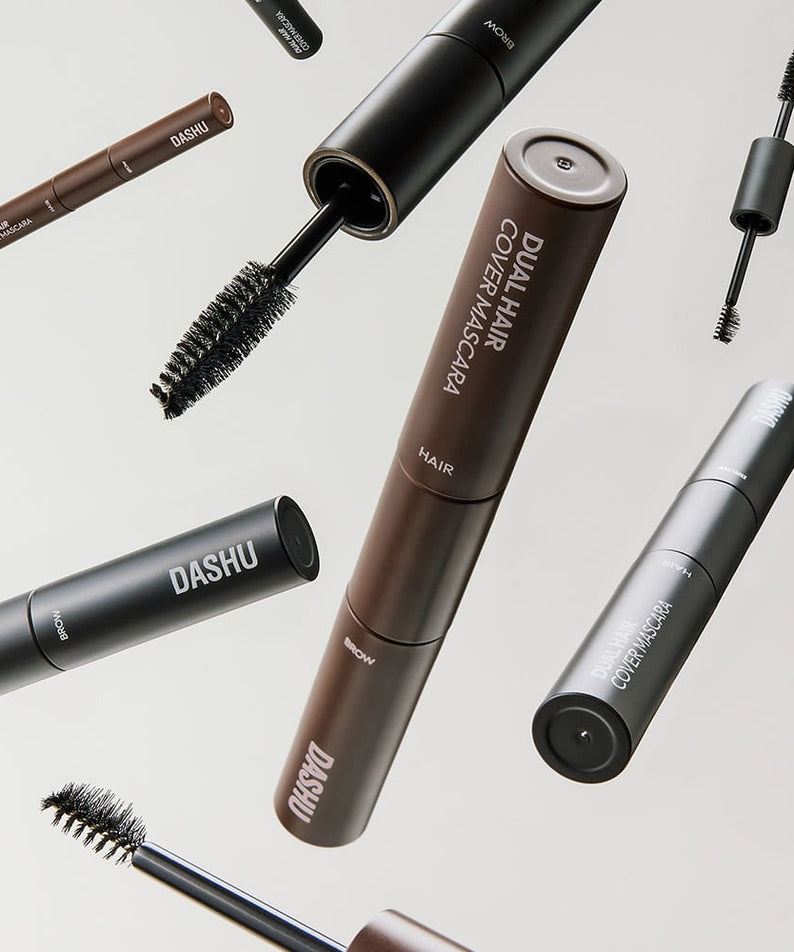 DASHU Daily Dual Hair Cover Mascara de la marque DASHU, visuel produit avec brosses et tubes sur fond clair.