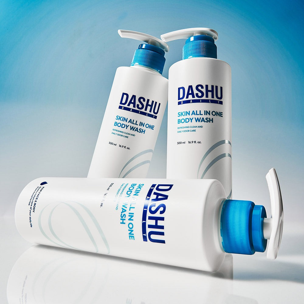 Décris l'image en français en mentionnant le produit, la marque et le contexte visuel: DASHU Daily Skin All-in-One Body Wash 500ml